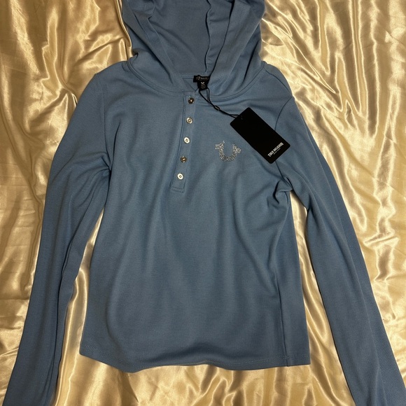 True Religion Gray Hooded Long Sleeve Polo Sweatshirt - Picture 1 of 3